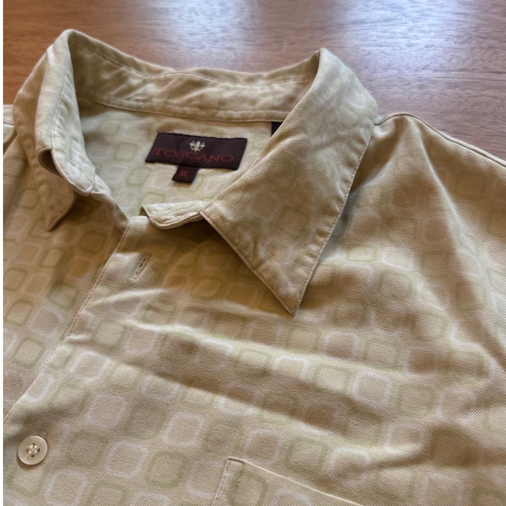 Toscano Mens XL Silk Short Sleeve Button Down Shirt Beige Geometric Square Print